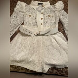 Elegant White Lace Romper with Belt